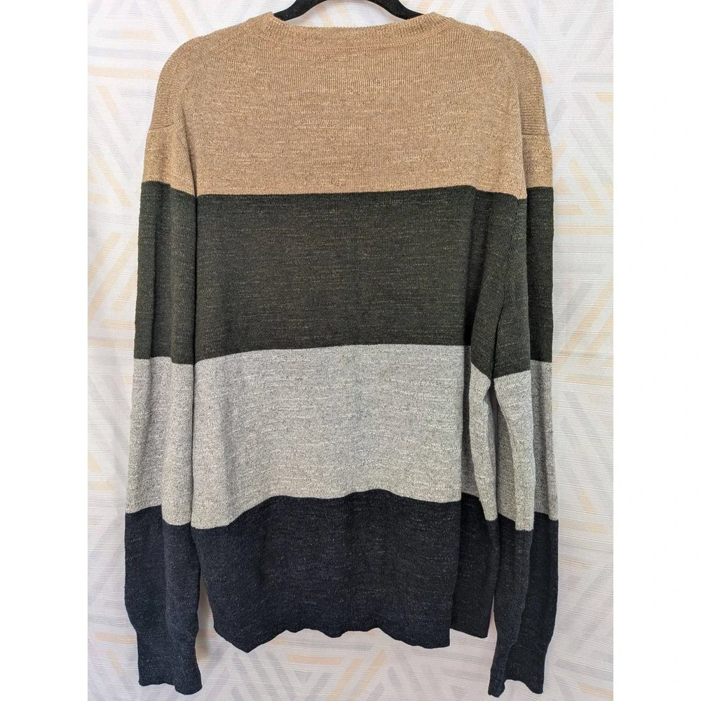 J Crew Mens Striped‎ Crewneck Sweater Cotton L Khaki Green Grey Navy